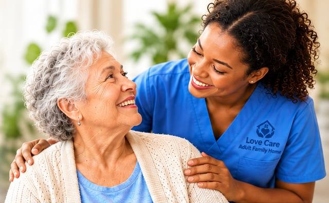 A smiling caregiver in Love Care scrubs with her arm around a resident
