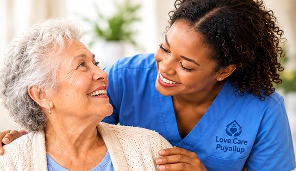 A smiling caregiver in Love Care Puyallup scrubs with her arm around a resident